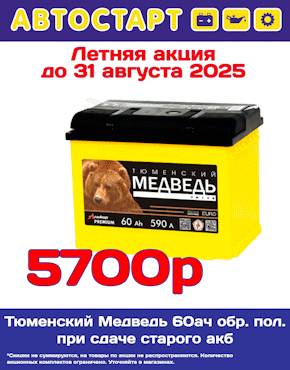 Летняя акция на акб Тюменский Медведь 60 обр пол