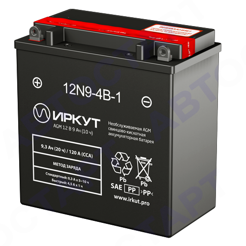 Аккумулятор Иркут 9Ач 12N9-4B-1 (9,3 Ач п.п. YB9-B, CT1210)
